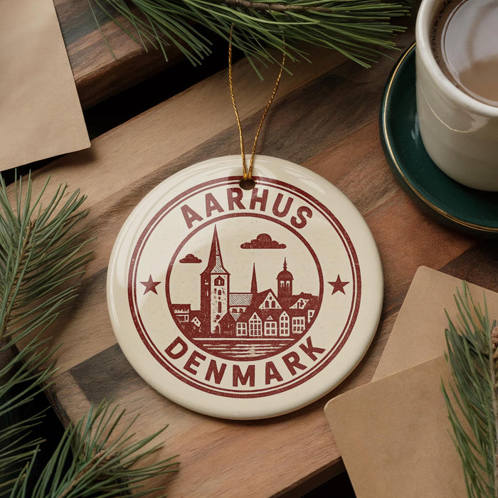 A circular ornament with the text "AARHUS DENMARK" printed on it, surrounded by pine branches and a cup of coffee on a wooden surface.
