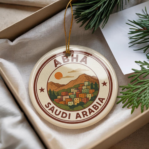 A round ornament with a design of a city and mountains, featuring the text "ABHA SAUDI ARABIA" on it.