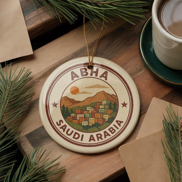 A circular ornament with the text "ABHA SAUDI ARABIA" and an illustration of a cityscape is displayed on a wooden surface, surrounded by pine branches and a cup of coffee.