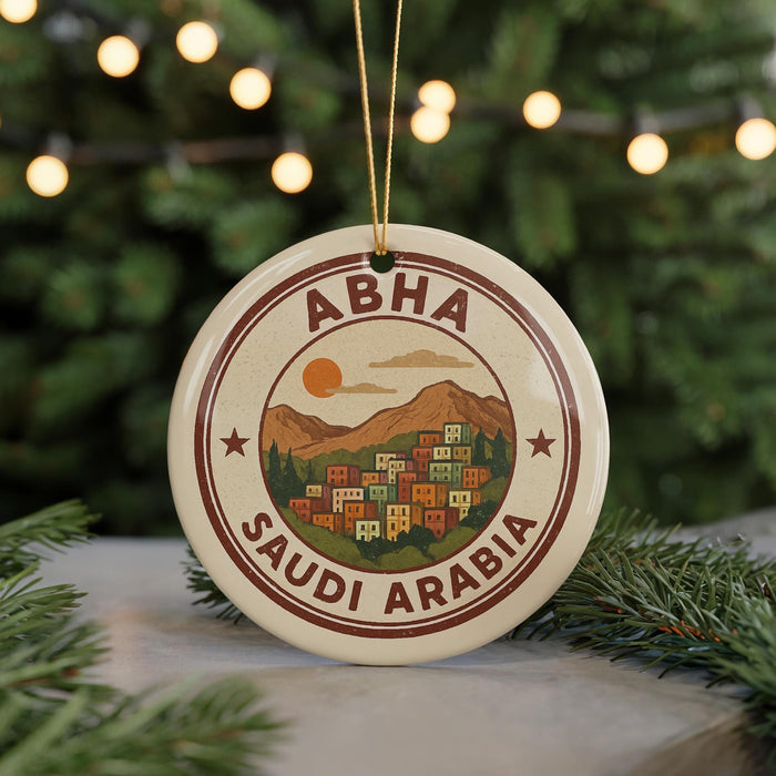 A round ornament with a design of a city and mountains, featuring the text "ABHA SAUDI ARABIA" on it, hanging from a string.