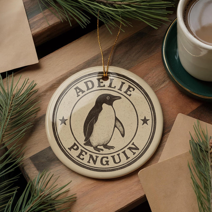 A round ornament with the name "Adelie Penguin" on it, featuring a penguin illustration, is displayed on a wooden surface alongside a cup of coffee and some pine branches.