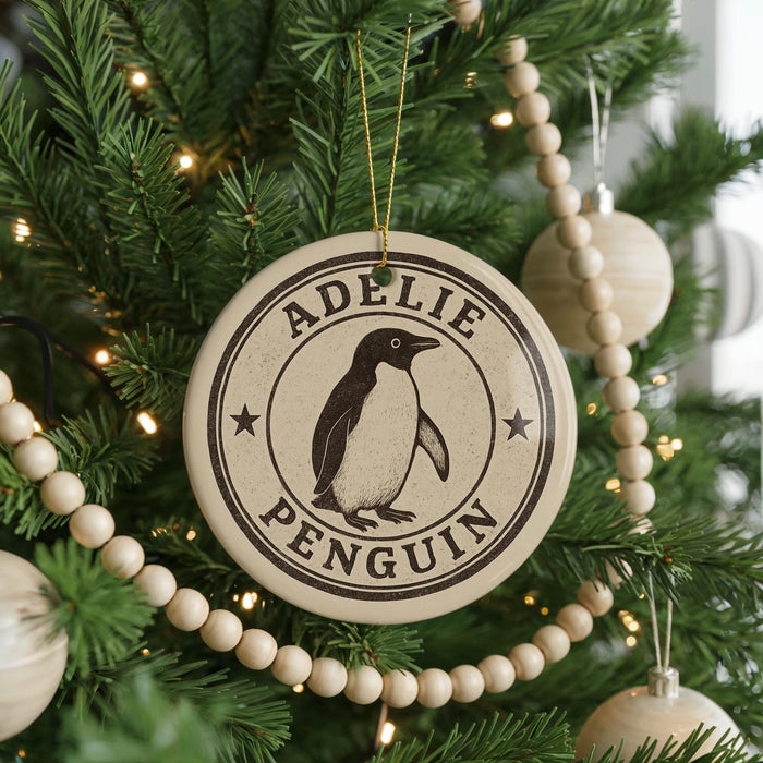 A Christmas tree decorated with ornaments, including a circular ornament with a penguin image and the text "ADELIE PENGUIN".
