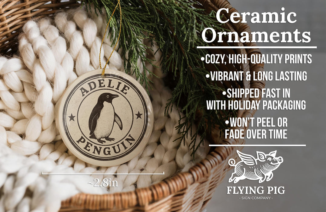 Ceramic ornaments, specifically a penguin ornament, are displayed in a wicker basket.