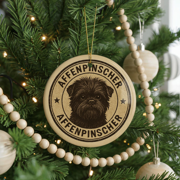 A Christmas tree decorated with ornaments, including a circular ornament with a dog image and the text "Affenpinscher" on it.