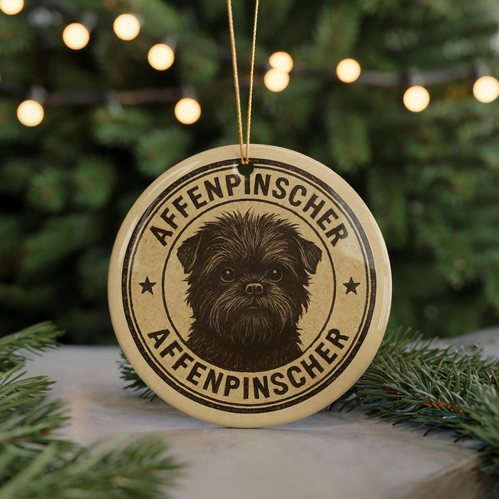 A circular ornament featuring a dog's face and the text "AFFENPINSCHER" is displayed in front of a blurred Christmas tree with twinkling lights.