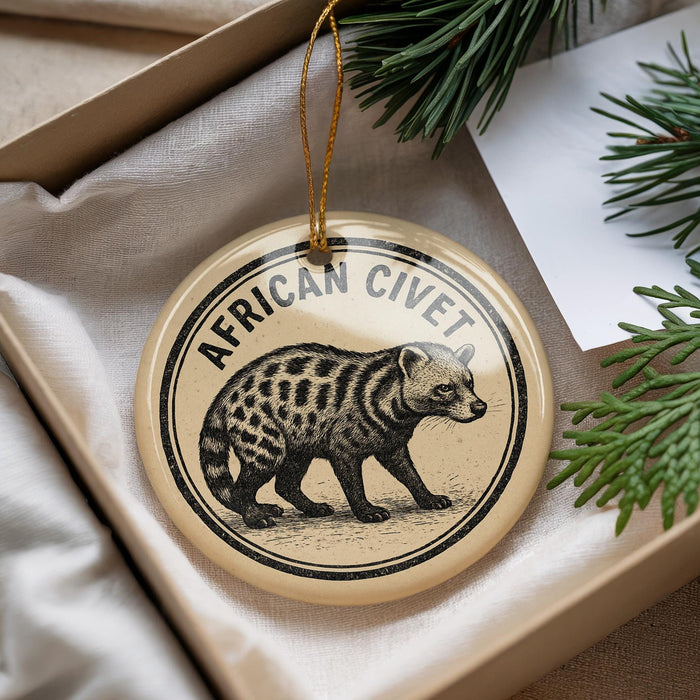 A decorative ornament featuring an illustration of an African civet, a type of small wild cat, is displayed in a box with pine branches.