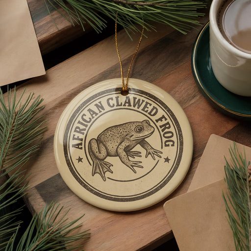 A round ornament featuring an illustration of an African clawed frog, with the text "AFRICAN CLAWED FROG" printed on it. The ornament is hanging from a string, and there is a cup of coffee and some pine branches in the background.