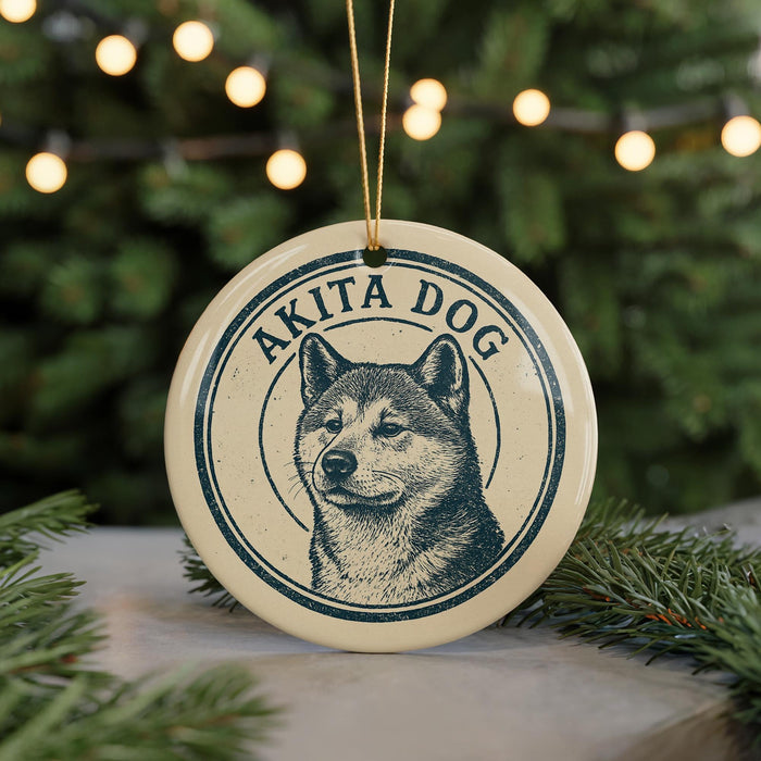 A circular ornament featuring a close-up of a husky dog's face, with the text "AKITA DOG" prominently displayed.