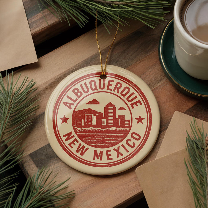 A circular ornament with the text "ALBUQUERQUE NEW MEXICO" is displayed on a wooden surface, surrounded by pine branches and a cup of coffee.