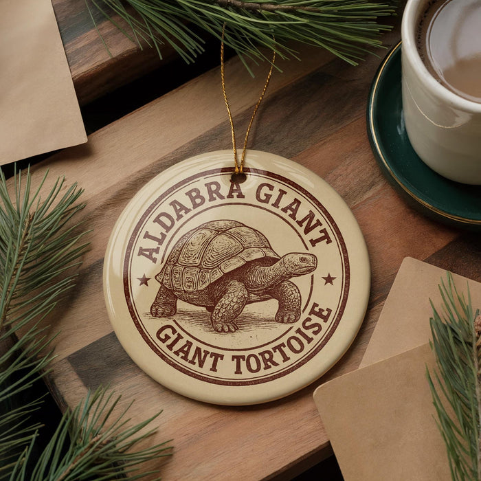 A round ornament featuring a tortoise, with the text "ALDABRA GIANT TORTOISE" printed on it. The ornament is hanging from a string, and there is a cup of coffee and some pine branches in the background.