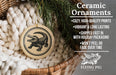 Ceramic ornaments, featuring a ceramic alligator or crocodile design, are displayed in a wicker basket.