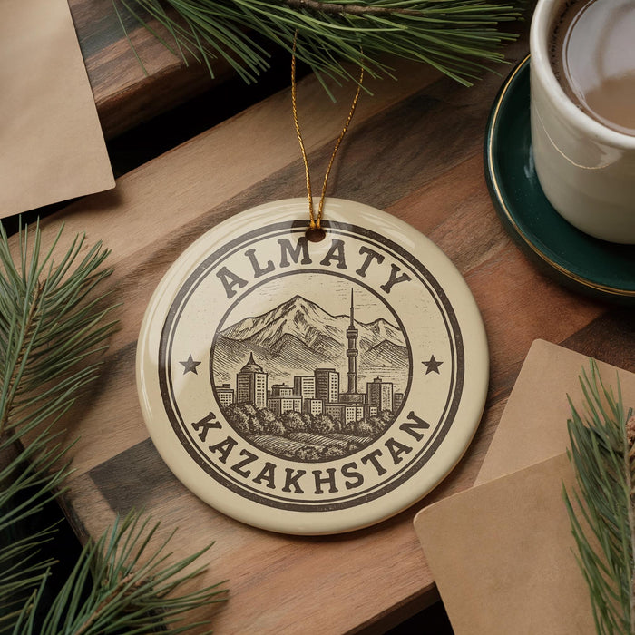 A circular ornament with the text "ALMATY KAZAKHSTAN" and an illustration of a cityscape is displayed on a wooden surface, surrounded by pine branches and a cup of coffee.