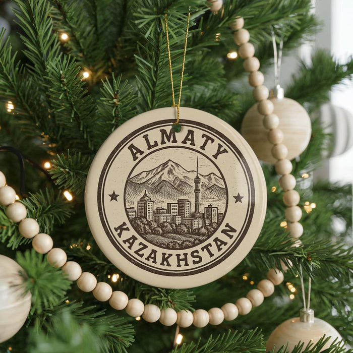 A circular ornament on a Christmas tree, featuring the text "ALMATY KAZAKHSTAN" and an illustration of a cityscape with mountains in the background.