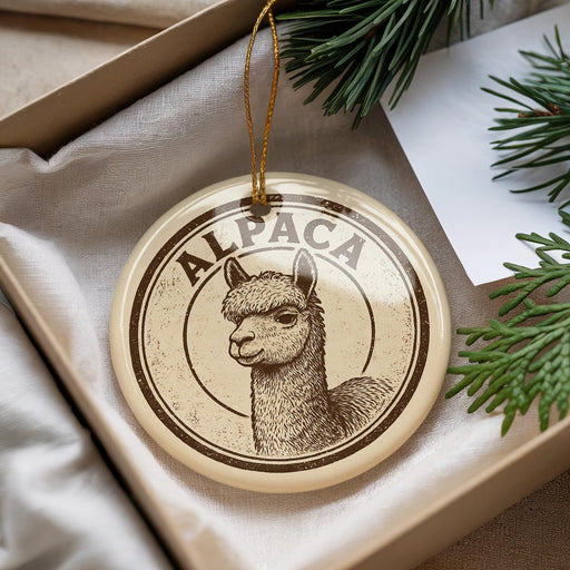 A circular ornament with the word "ALPHA" printed on it, featuring an illustration of an alpaca.