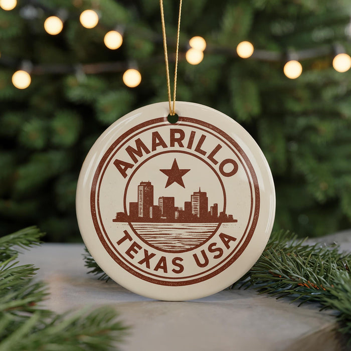 A circular ornament with the text "AMARILLO TEXAS USA" printed on it, featuring a silhouette of a city skyline.