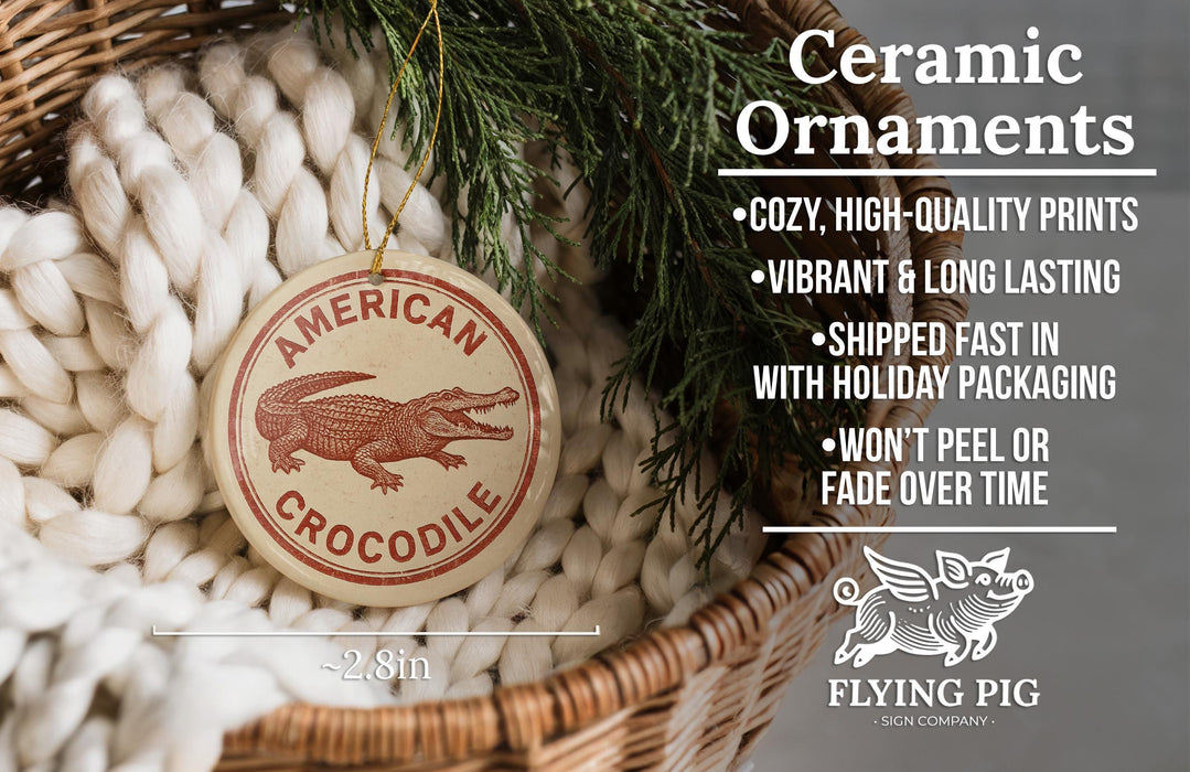 Ceramic ornaments, featuring a ceramic crocodile ornament hanging from a wicker basket.