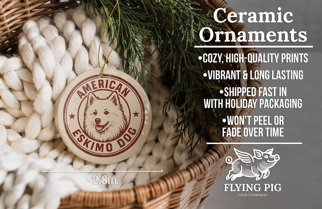 Ceramic ornaments, featuring a ceramic dog ornament with a red and white design, hanging in a wicker basket with greenery.