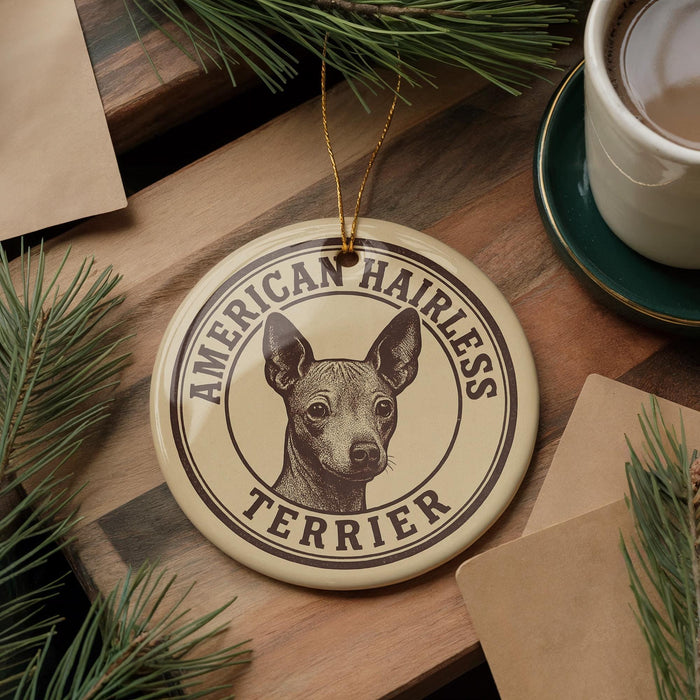 A circular ornament featuring an American Hairless Terrier dog's face, with the text "AMERICAN HAIRLESS TERRIER" around the edge.