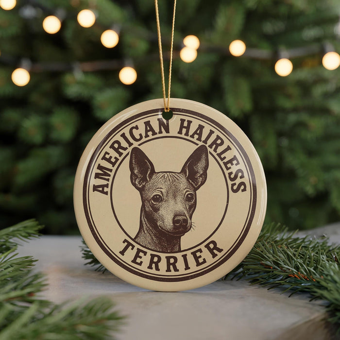 A circular ornament featuring an illustration of a terrier dog with the text "AMERICAN HAIRLESS TERRIER" on it.