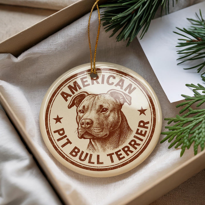 A circular ornament featuring a pit bull terrier dog's head, with the text "AMERICAN PIT BULL TERRIER" printed on it.