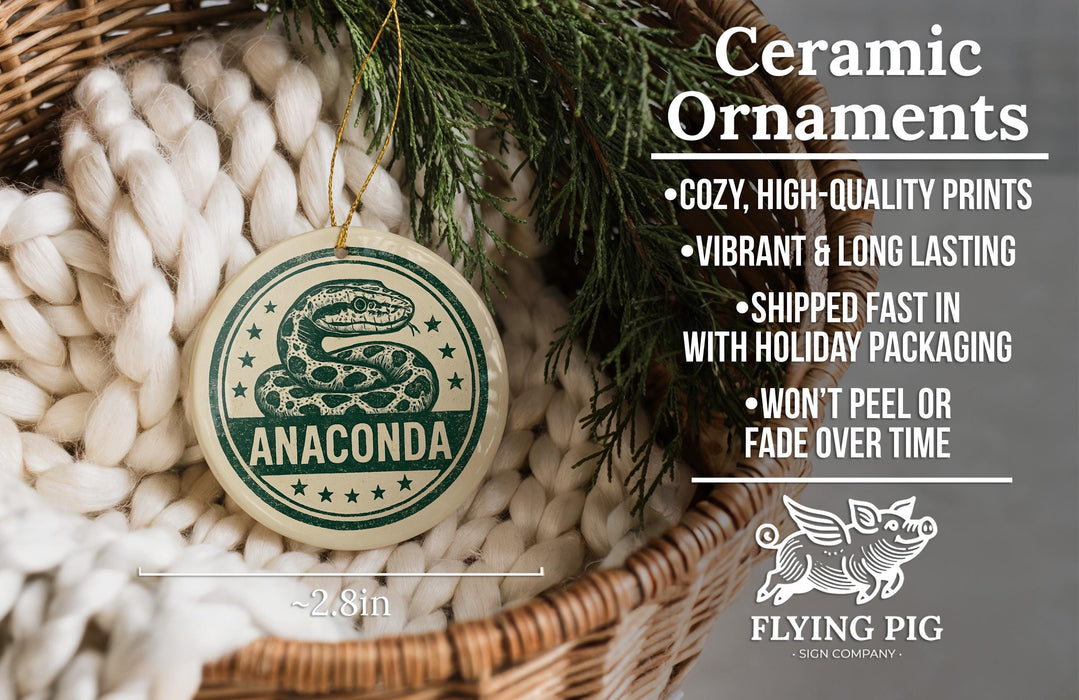 Ceramic ornaments, specifically a ceramic Anaconda ornament, are displayed in a wicker basket. The text highlights the ornament's features, such as being cozy, high-quality, vibrant, and long-lasting, and mentions that it is shipped fast in holiday packaging, won't peel, and fades over time.