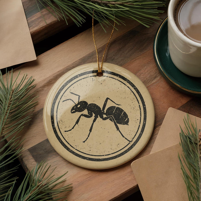 a round ornament with a black ant illustration on it, placed on a wooden surface next to a cup of coffee and some pine branches.