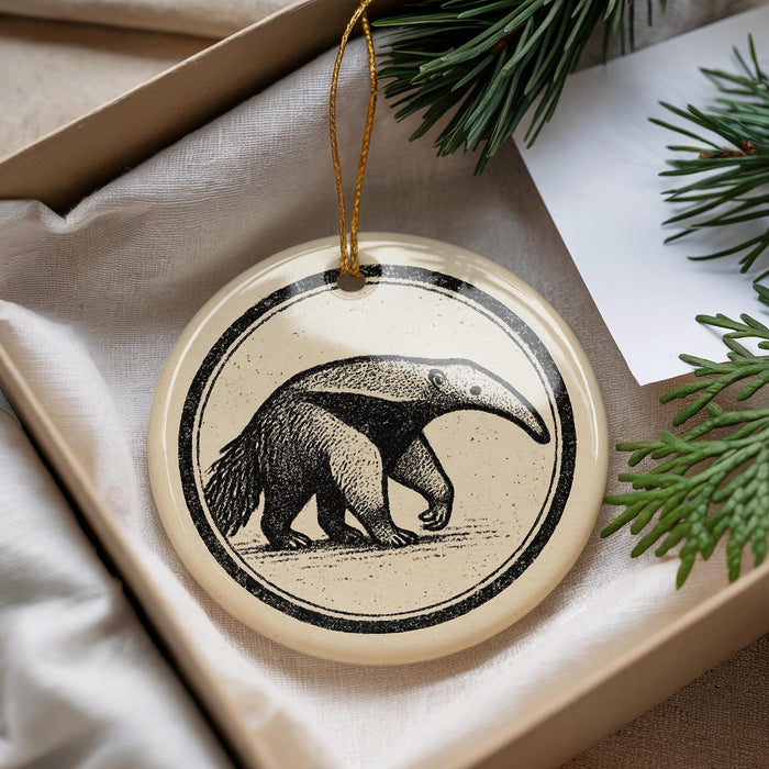 A circular ornament featuring a black and white illustration of an animal, likely a bear, is displayed in a box with pine branches.