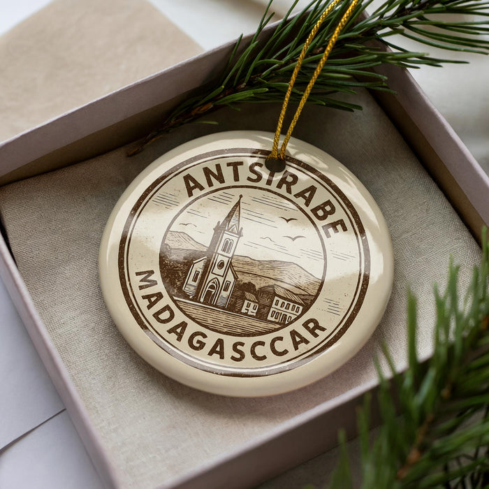 A circular ornament with the text "ANTSRABE MADAGASCAR" printed on it, surrounded by pine branches.