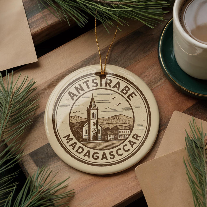 A circular ornament with the text "ANTSIRABE MADAGASCAR" and an illustration of a church, placed on a wooden surface next to a cup of coffee and pine branches.