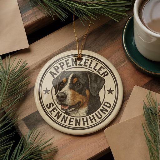 A decorative ornament featuring a close-up image of a Rottweiler dog, with the text "Appenzeller SENNNHUND" around the dog's face.