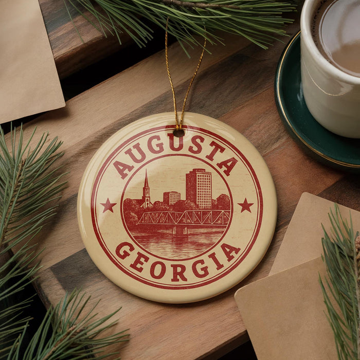 A circular ornament with the text "AUGUSTA GEORGIA" printed on it, surrounded by pine branches and a cup of coffee on a wooden surface.