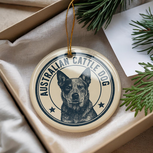 A circular ornament featuring an image of an Australian Cattle Dog, with the text "AUSTRALIAN CATTLE DOG" printed on it.