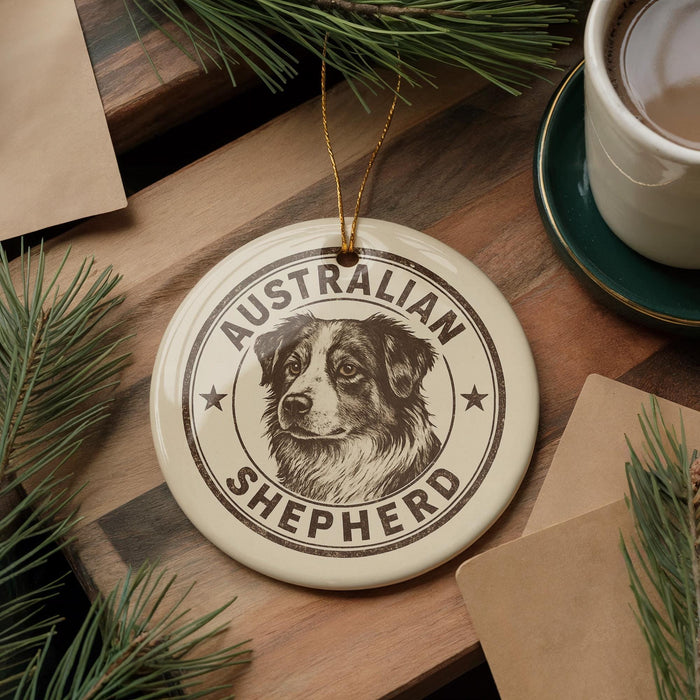 A circular ornament featuring an image of an Australian Shepherd dog, with the text "AUSTRALIAN SHEPHERD" printed on it. The ornament is placed on a wooden surface, surrounded by pine branches and a cup of coffee.