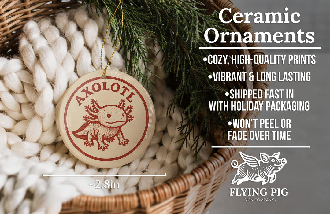 Ceramic ornaments, specifically Axolotl ornaments, are displayed in a wicker basket. The text highlights the ceramic ornaments as "cozy, high-quality prints" and "vibrant & long lasting", with a description of their shipping speed and packaging.