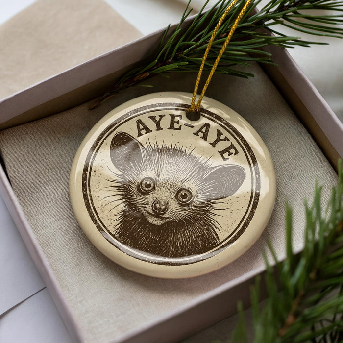 A decorative ornament featuring a close-up image of a cat's face, with the text "AYE AYE" printed on it.