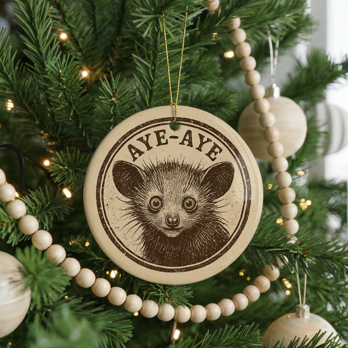 A Christmas tree decorated with ornaments, including a circular ornament with a face and the text "Aye-aye" on it.
