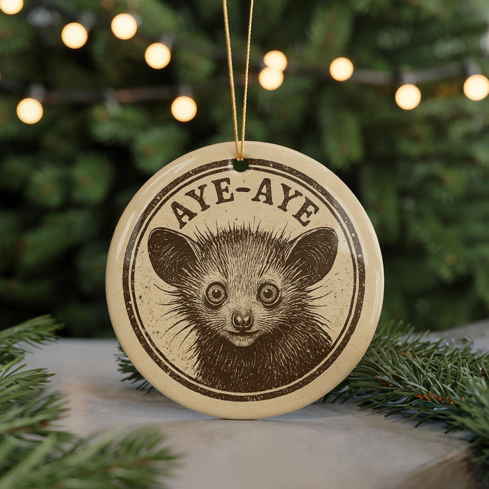 A round ornament with a printed image of a cat's face and the text "Aye-aye" on it, hanging from a string.