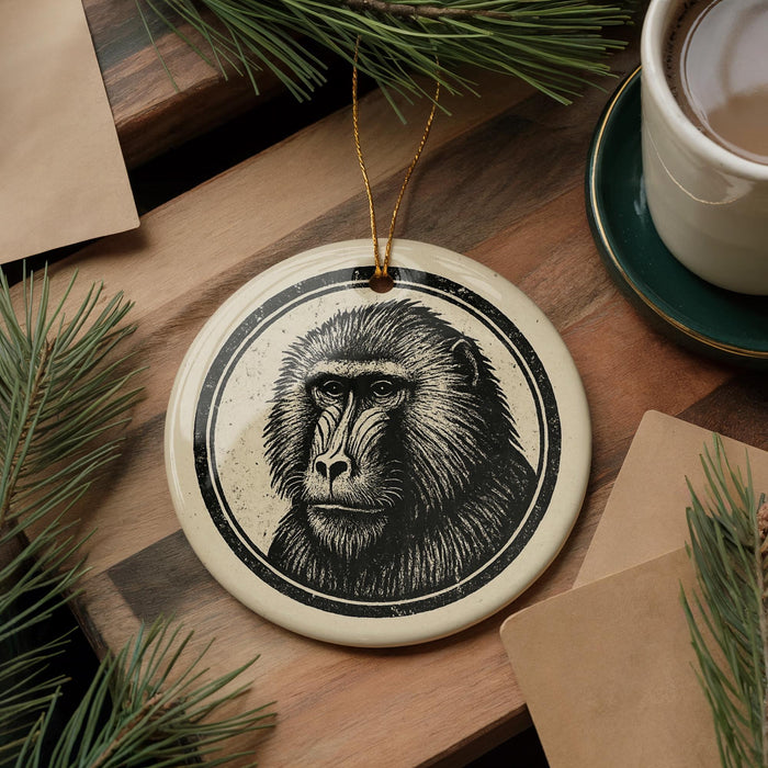 a round ornament with a monkey's face on it, placed on a wooden surface next to a cup of coffee and some pine branches.