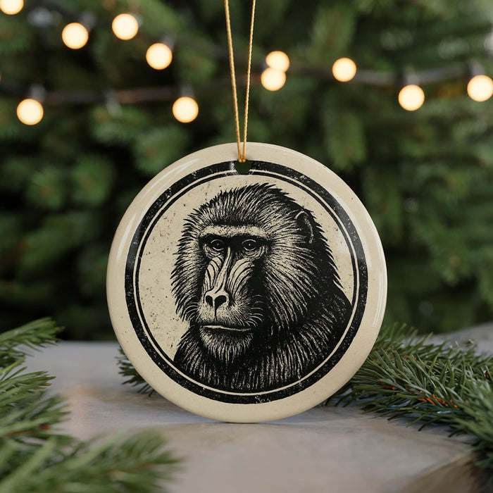 A circular ornament featuring a detailed illustration of a monkey's face, surrounded by a decorative border, is displayed in front of a blurred background of Christmas lights.