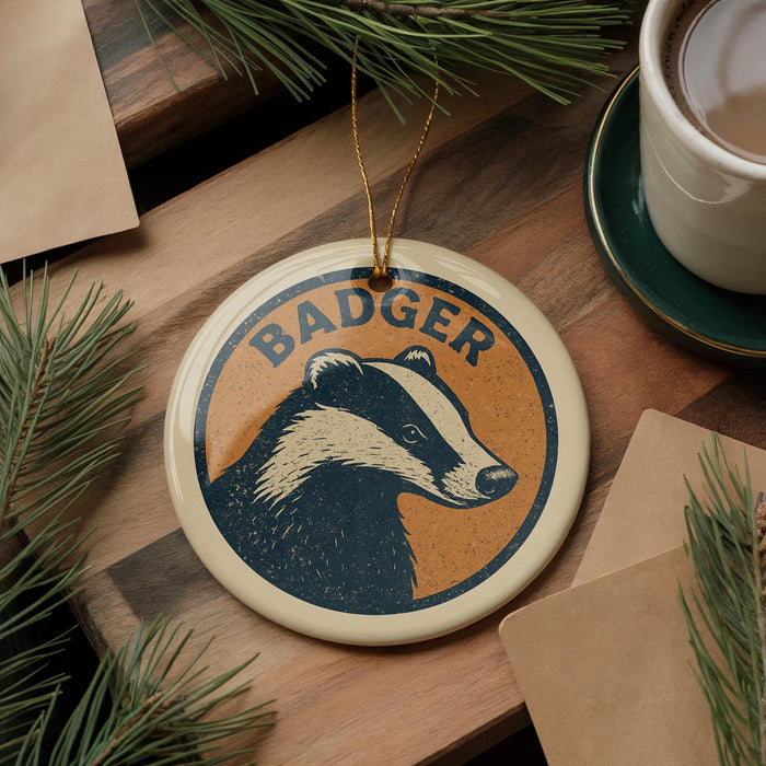A circular ornament featuring a badger's face, with the word "BADGER" written on it, is displayed on a wooden surface alongside a cup of coffee and some pine branches.