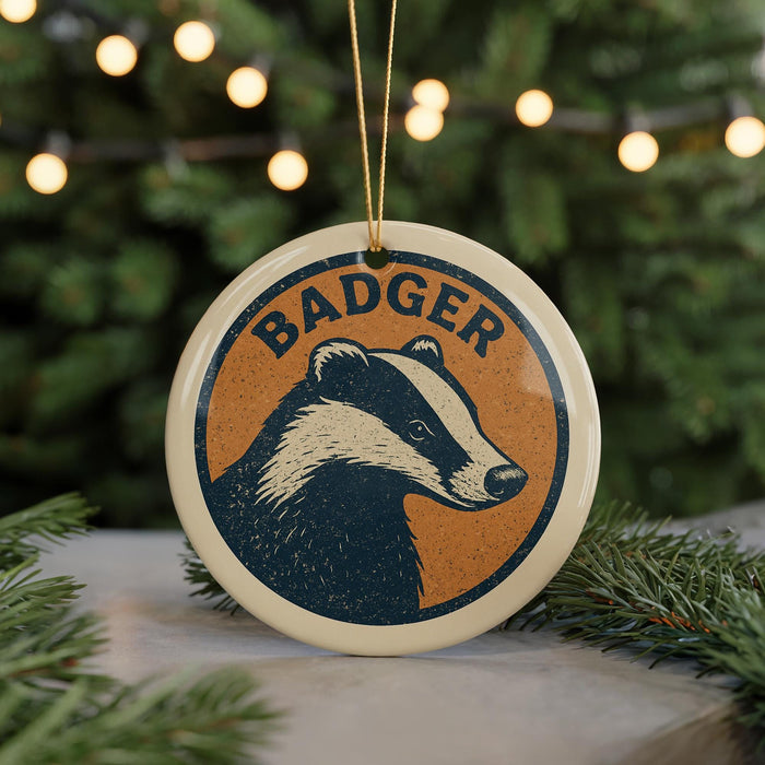 A circular ornament featuring a badger's head, with the word "BADGER" written around the edge.