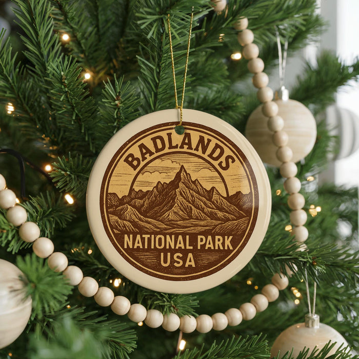 A Christmas tree decorated with ornaments, including a circular ornament with the text "Badlands National Park USA" and a mountain landscape design.