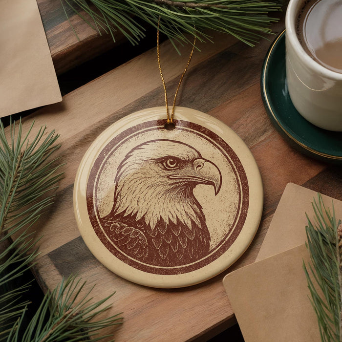 a circular ornament with a detailed eagle illustration, placed on a wooden surface alongside a cup of coffee and some pine branches.