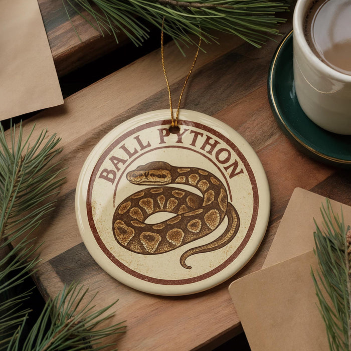 A ceramic ornament featuring a snake design, with the text "BALL PYTHON" printed on it, is displayed on a wooden surface alongside a cup of coffee and some pine branches.