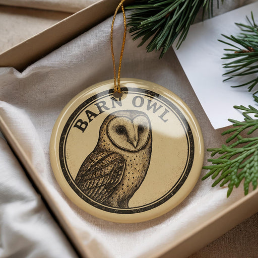 A decorative ornament featuring a barn owl is displayed in a box, surrounded by pine branches.