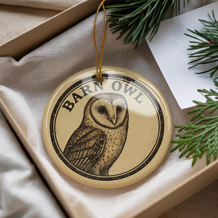 A decorative ornament featuring a barn owl is displayed in a box, surrounded by pine branches.