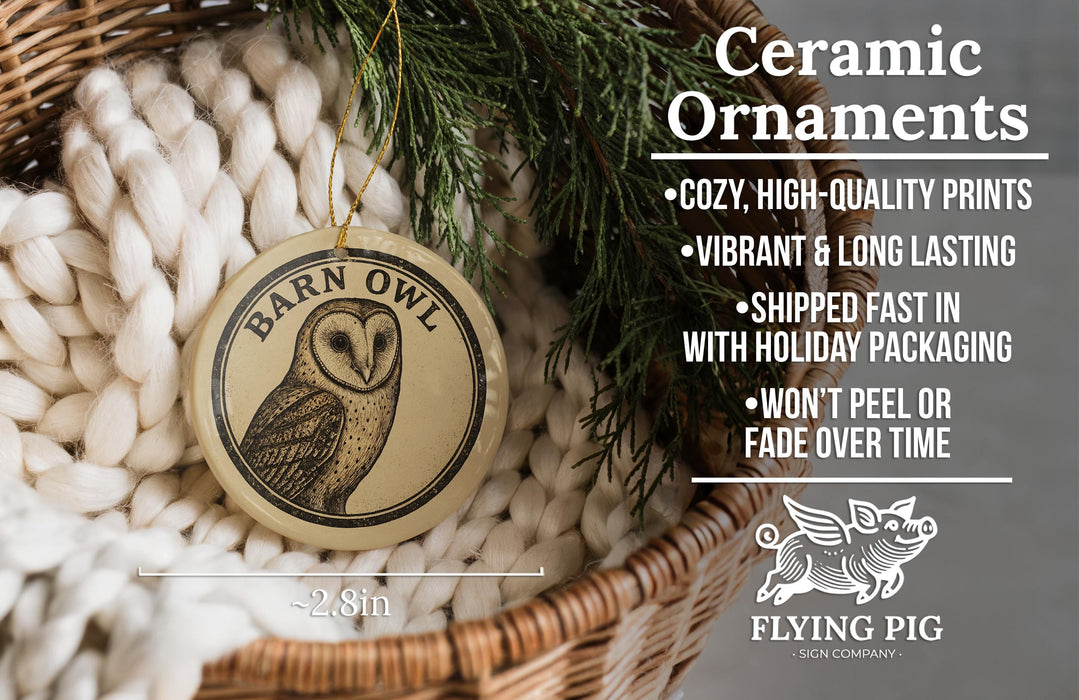 Ceramic ornaments, including a barn owl ornament, are displayed in a woven basket.