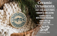 Ceramic ornaments, specifically Barracuda Barracuda ornaments, are displayed in a woven basket. The text highlights the ornaments as "cozy, high-quality prints" and "vibrant & long lasting", with a description of their shipping speed and packaging. The image also features a logo for "Flying Pig - SIGN COMPANY".
