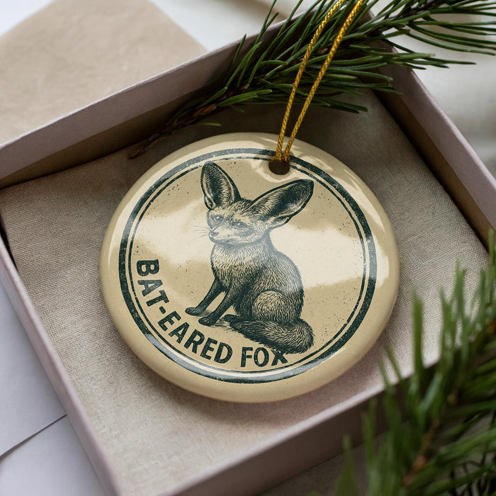 A circular ornament with a bat-eared fox illustration and the text "BAT-EARED FOX" printed on it, placed inside a box with pine branches.