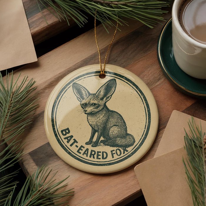 A circular ornament featuring a bat-eared fox illustration, with the text "BAT-EARED FOX" printed on it. The ornament is placed on a wooden surface, surrounded by pine branches and a cup of coffee.